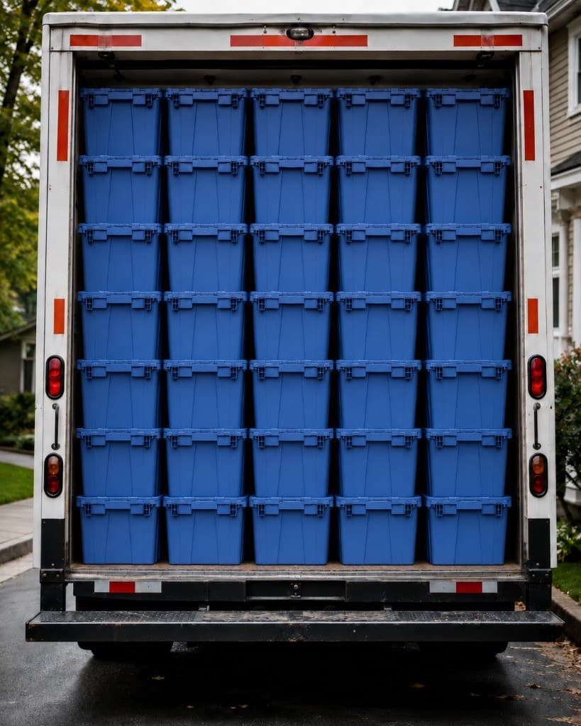 Open delivery truck neatly packed with stacked blue reusable moving totes
